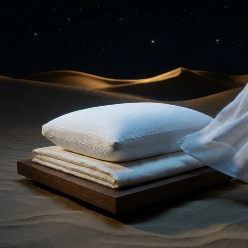 PLACEHOLDER AI — NOXSTARS Cool Pillow on wooden tray in desert night